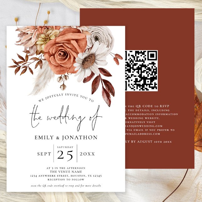Rustic Terracotta Fall Florals QR Code Wedding Einladung (Avaialble digitally or printed)