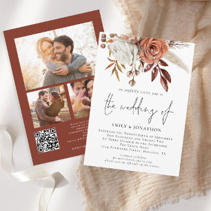 Rustic Terracotta Florals 3 Fotos QR Code Wedding Einladung