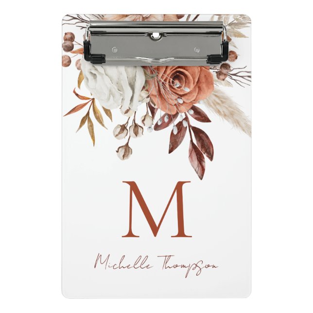 Rustic Terracotta Florals Monogram, Initialname Mini Klemmbrett (Vorderseite)
