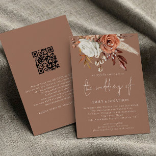Rustic Terracotta Florals QR Code Brown Wedding Einladung