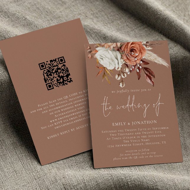 Rustic Terracotta Florals QR Code Brown Wedding Einladung (front and back view)