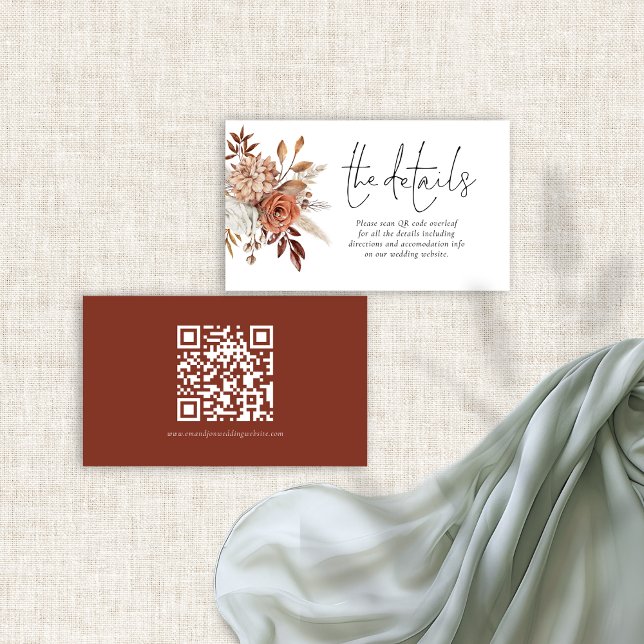 Rustic Terracotta Florals QR Code Hochzeitsdetails Begleitkarte (Front and back view)