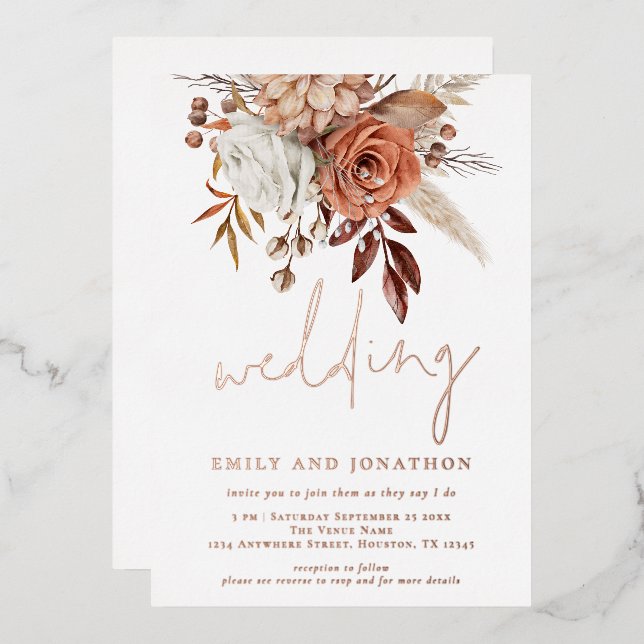 Rustic Terracotta Florals Script Wedding Real Foil Folieneinladung (Vorderseite/Rückseite)