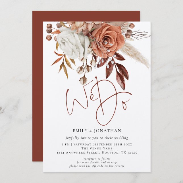 Rustic Terracotta Florals We Do QR Code Wedding Einladung (Vorne/Hinten)