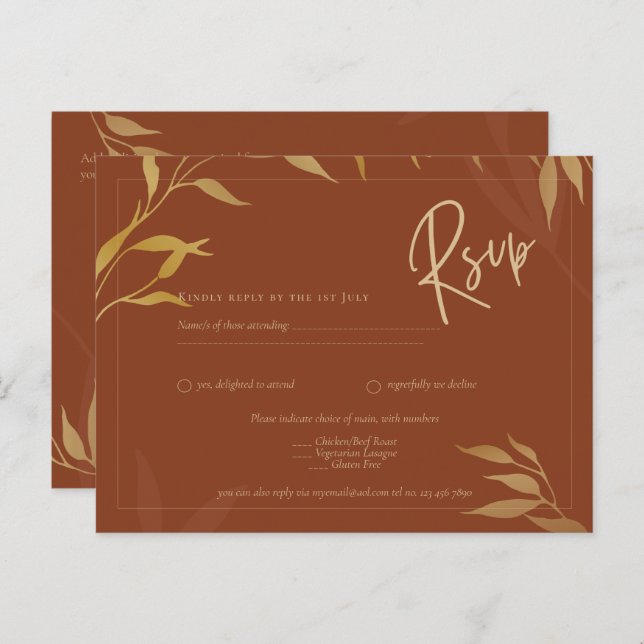 Rustic Terracotta GOLD Blätter Overlay Wedding RSV Postkarte (Vorne/Hinten)