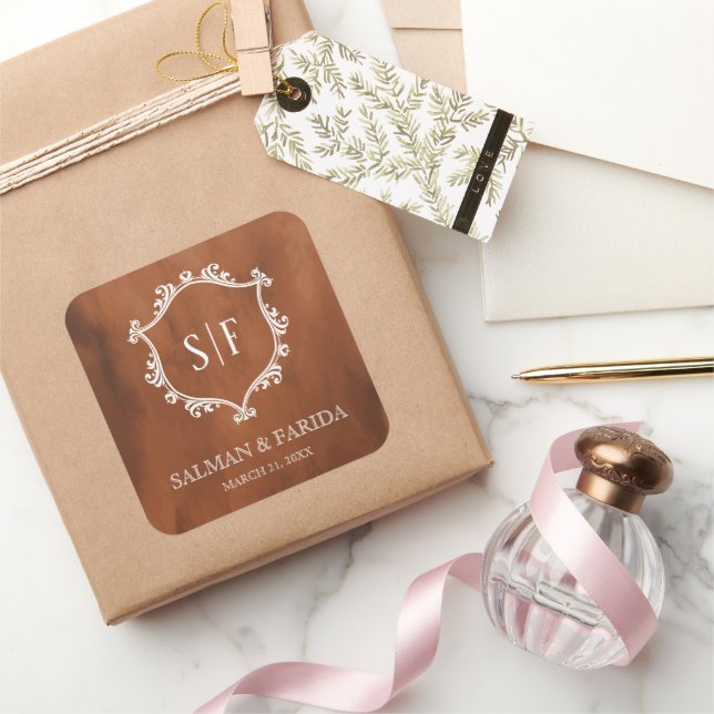 Rustic Terracotta Wappen Monogram Wedding Quadratischer Aufkleber (Schenken)