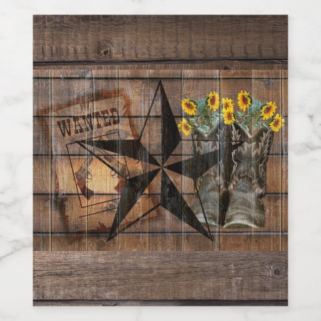 Rustic Texas Star Western Pistol Cowboy Boots Weinetikett (Einzelnes Label)