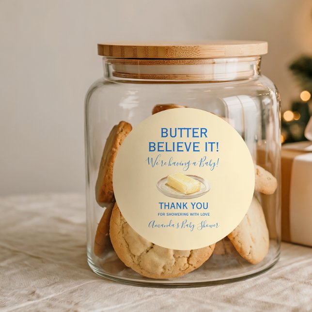 Rustic Theme Butter Yellow Blue Baby Shower  Runder Aufkleber (Von Creator hochgeladen)