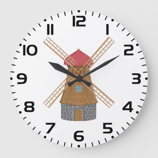 Rustic Traditional Wooden Windmill Große Wanduhr (Vorderseite)