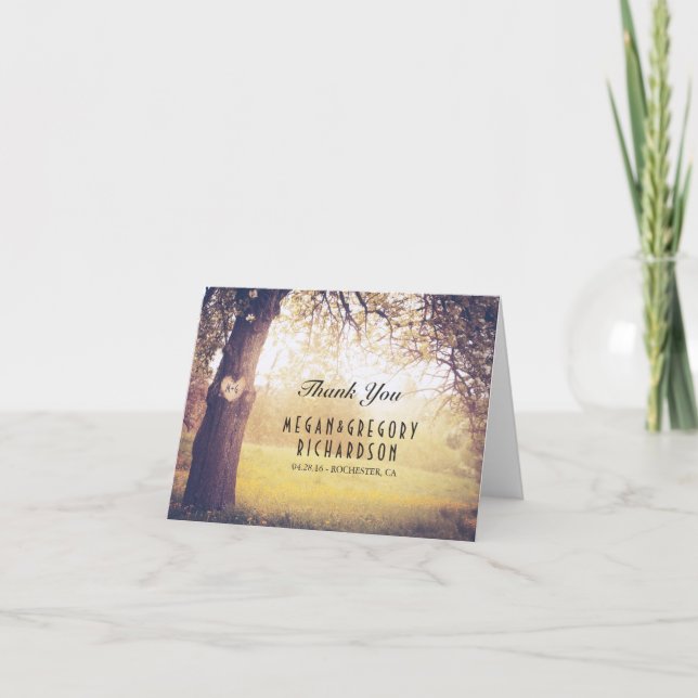 Rustic Tree and Wood Heart Wedding Thank You Dankeskarte (Vorderseite)