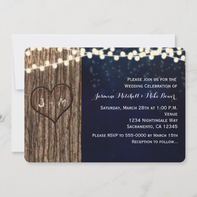 Rustic Tree Carved Heart Night Wedding Invitation Einladung (Vorderseite)