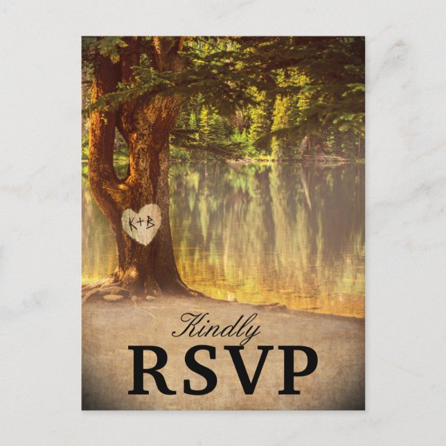 Rustic Tree Lake Wedding RSVP Einladungspostkarte (Vorderseite)