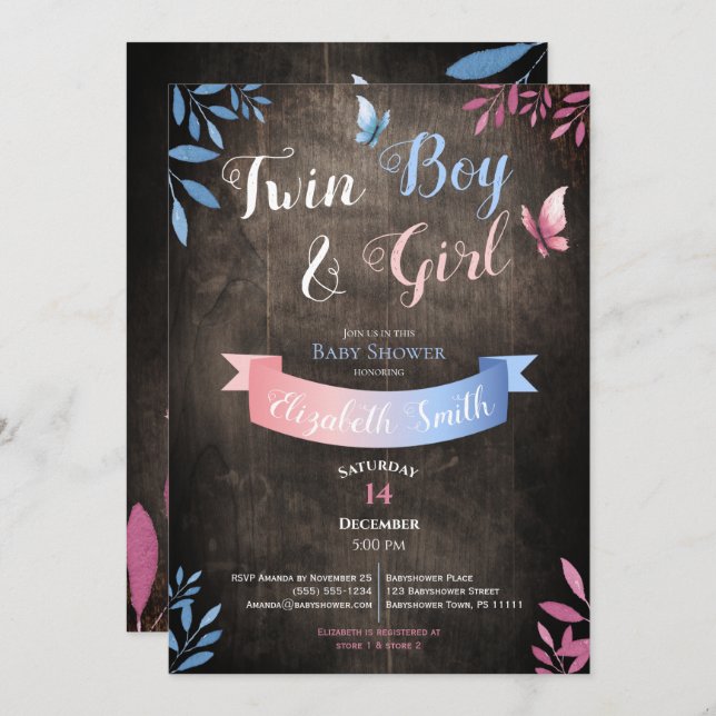 Rustic Twin Boy and Girl watercolor babyshower Einladung (Vorne/Hinten)