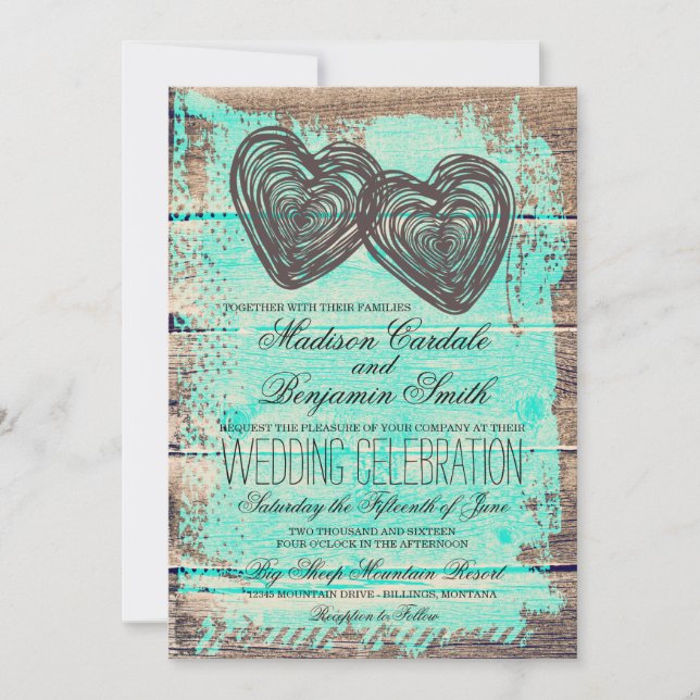 Rustic Two Hearts Barn Wood Aqua Wedding lädt Einladung (Vorderseite)