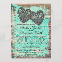 Rustic Two Hearts Barn Wood Aqua Wedding lädt