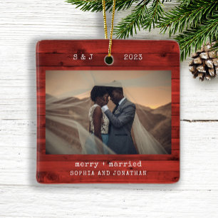 Rustic Typewriter Red Merry and Married Foto Keramikornament