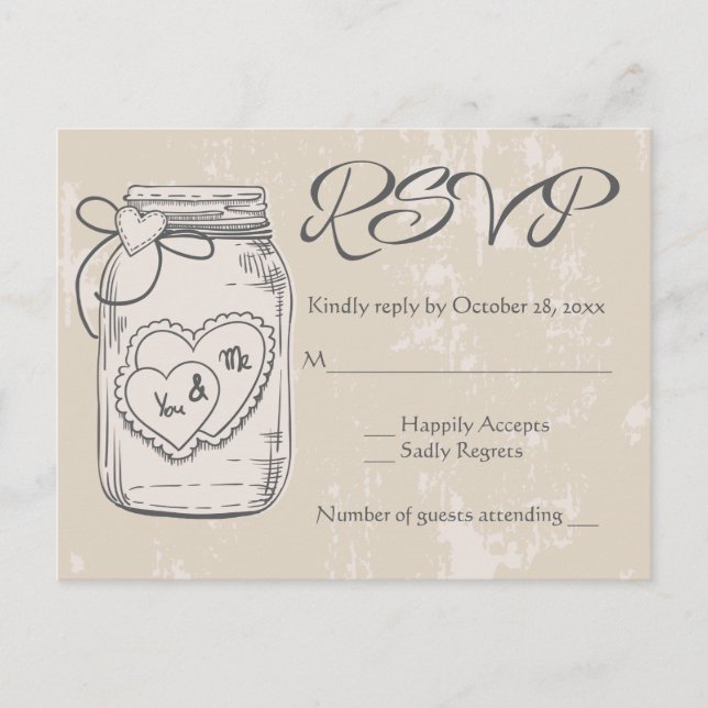Rustic UAWG Mason Jar Hearts Brown Tan Wedding Einladungspostkarte (Vorderseite)