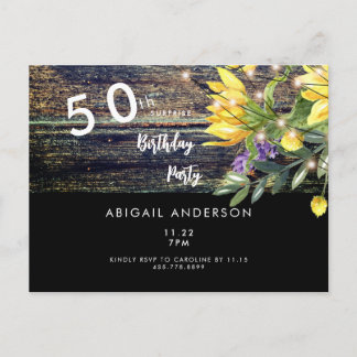 Rustic Vibes 50. Geburtstag Sonnenblume Schwarz Einladungspostkarte