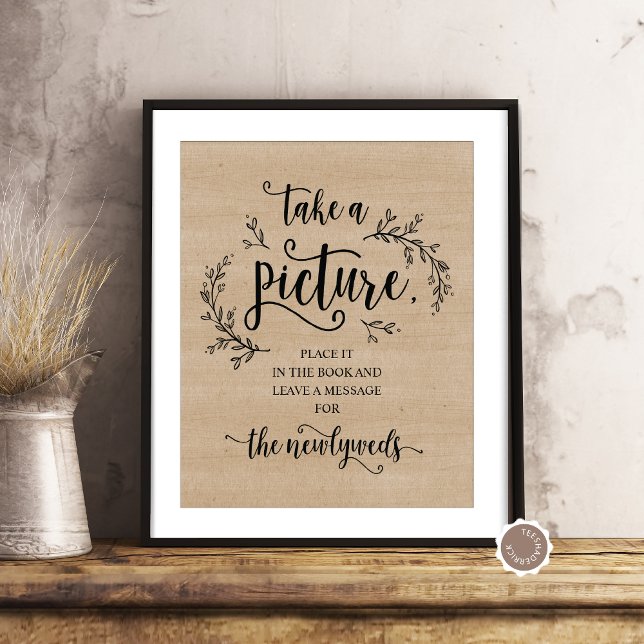 Rustic Vines Wedbook Foto Sign Poster (Take A Picture, Rustic Wedding Poster in Vines Eucalyptus Illustration Brown Cottage Wood Background)