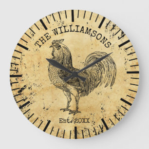 Rustic Vintage Antique Family Name Farm Chicken Große Wanduhr