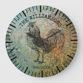 Rustic Vintage Antique Family Name Farm Rooster Große Wanduhr