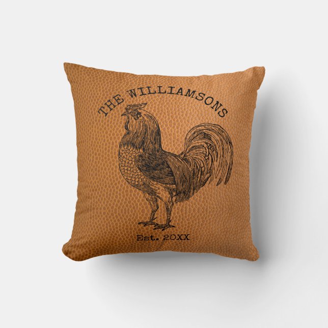 Rustic Vintage Antique Family Name Farm Rooster Kissen (Vorderseite)