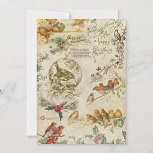 Rustic Vintage Christmas Birds & Holly Ephemera Feiertagskarte