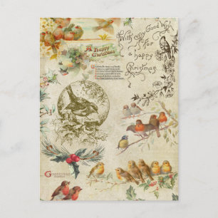 Rustic Vintage Christmas Birds & Holly Ephemera Feiertagspostkarte