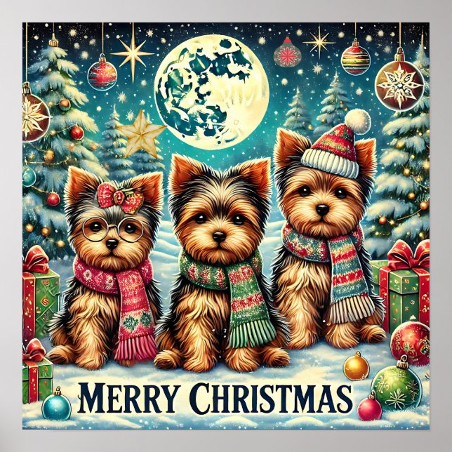 Rustic Vintage Christmas Terrier Yorkshire Dog Poster (Vorne)