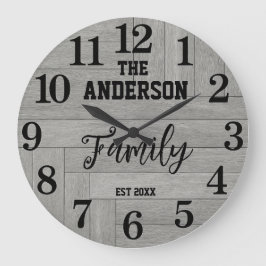 Rustic Vintage Gray Barn Wood Family name Große Wanduhr