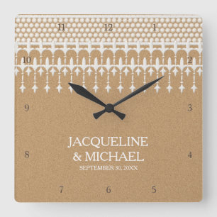 Rustic Vintage Lace Kraft Paper Script Typography Quadratische Wanduhr