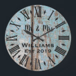 Rustic Vintage Personalized Wood Custom Große Wanduhr<br><div class="desc">Beautiful, einzigartig, one-of-a-kind personalized design feature a rustic wood with black personalization his and her names in a script machen overlay design and the last name and year establishd in a bold script with a printed wood t background. Personalize this clock by adding your personal information. Makes a great wedding,...</div>