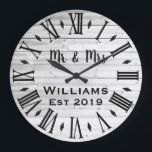 Rustic Vintage Personalized Wood Custom Große Wanduhr<br><div class="desc">Beautiful, einzigartig, one-of-a-kind personalized design feature a rustic wood with black personalization his and her names in a script machen overlay design and the last name and year establishd in a bold script with a printed wood t background. Personalize this clock by adding your personal information. Makes a great wedding,...</div>