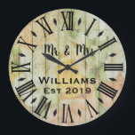 Rustic Vintage Personalized Wood Custom Große Wanduhr<br><div class="desc">Beautiful, einzigartig, one-of-a-kind personalized design feature a rustic wood with black personalization his and her names in a script machen overlay design and the last name and year establishd in a bold script with a printed wood t background. Personalize this clock by adding your personal information. Makes a great wedding,...</div>