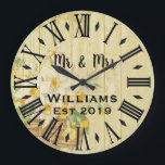 Rustic Vintage Personalized Wood Custom Große Wanduhr<br><div class="desc">Beautiful, einzigartig, one-of-a-kind personalized design feature a rustic wood with black personalization his and her names in a script machen overlay design and the last name and year establishd in a bold script with a printed wood t background. Personalize this clock by adding your personal information. Makes a great wedding,...</div>