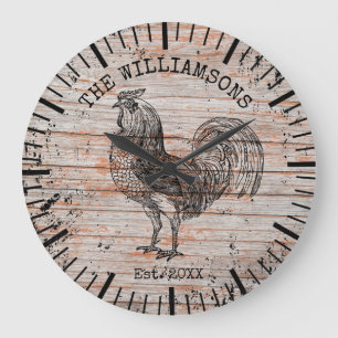 Rustic Vintage Wood Family Name Farm Chicken Große Wanduhr