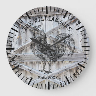 Rustic Vintage Wood Family Name Farm Rooster Große Wanduhr