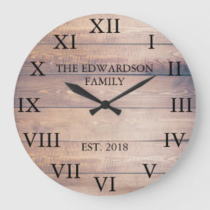 Rustic vintage wood Roman numbers family name Große Wanduhr
