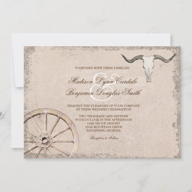 Rustic Wagon Wheel Longhorn Cowboy Wedding Einladung (Vorderseite)