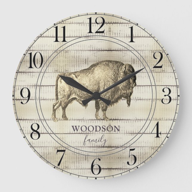 Rustic Walking Bison Buffalo Woodame Große Wanduhr (Vorderseite)