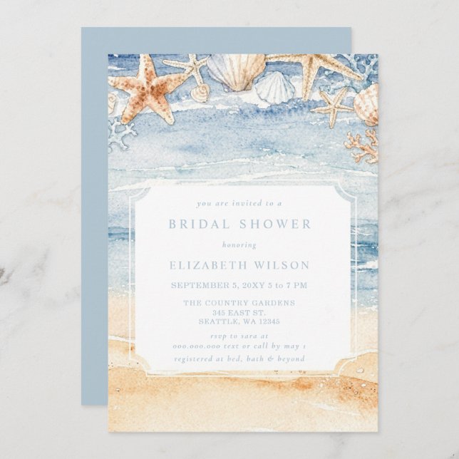 Rustic Watercolor Beach Bridal Shower Einladung (Vorne/Hinten)