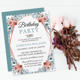 Rustic Watercolor Blue Floral 50. Geburtstagsparty Einladung
