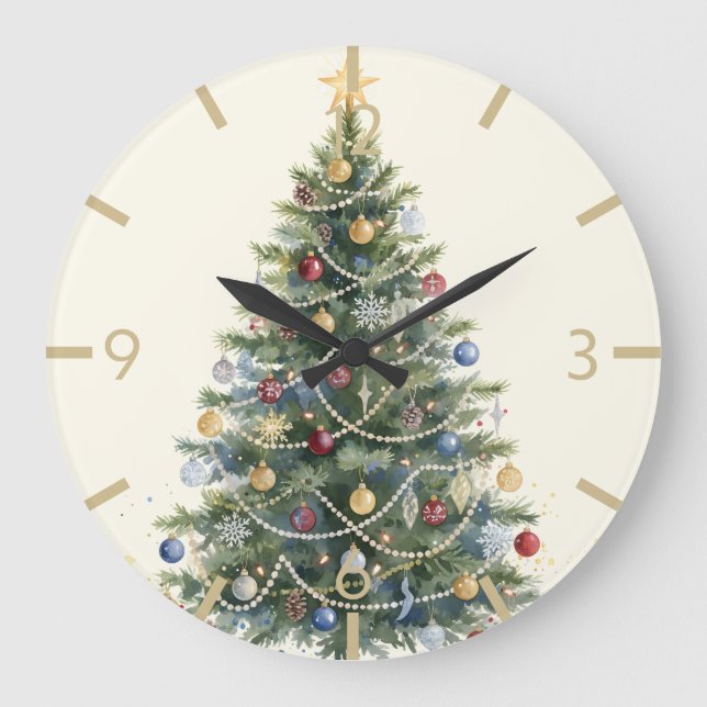 Rustic Watercolor Christmas Tree Xmas Holidays Große Wanduhr (Vorderseite)