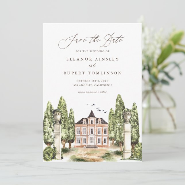 Rustic Watercolor Englisches Herrenhaus Save The Date (Stehend Vorderseite)