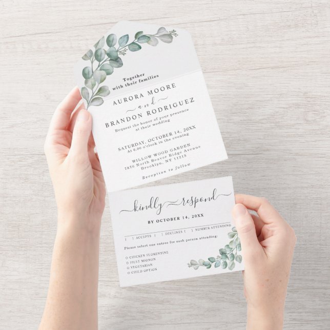 Rustic Watercolor Eucalyptus Greenery Wedding All In One Einladung (Abreißen)