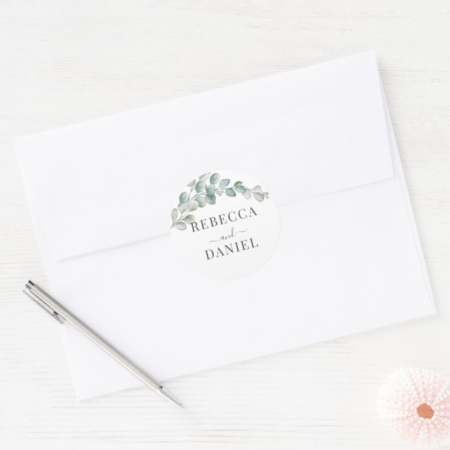 Rustic Watercolor Eucalyptus Greenery Wedding Runder Aufkleber (Umschlag)