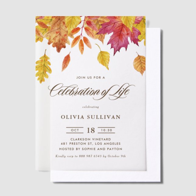 Rustic Watercolor Fall Leaves Celebration of Life (Versetzt)