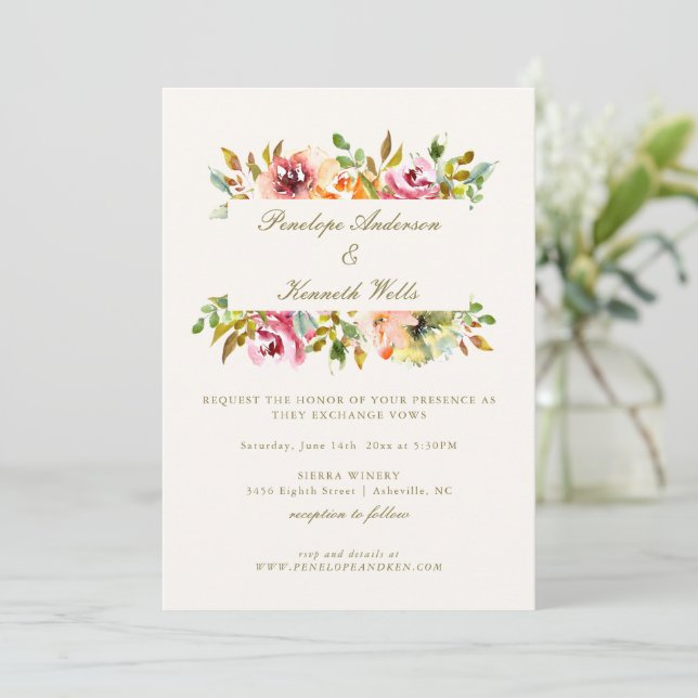 Rustic Watercolor Floral Botanical Fall Wedding  Einladung (Stehend Vorderseite)