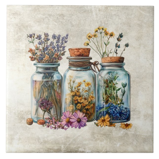 Rustic Watercolor Flowers in Jars  Fliese (Vorderseite)