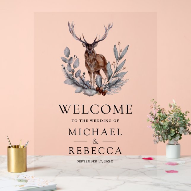 Rustic Watercolor Forest Deer Wedding Welcome Acrylschild (Hochzeit)